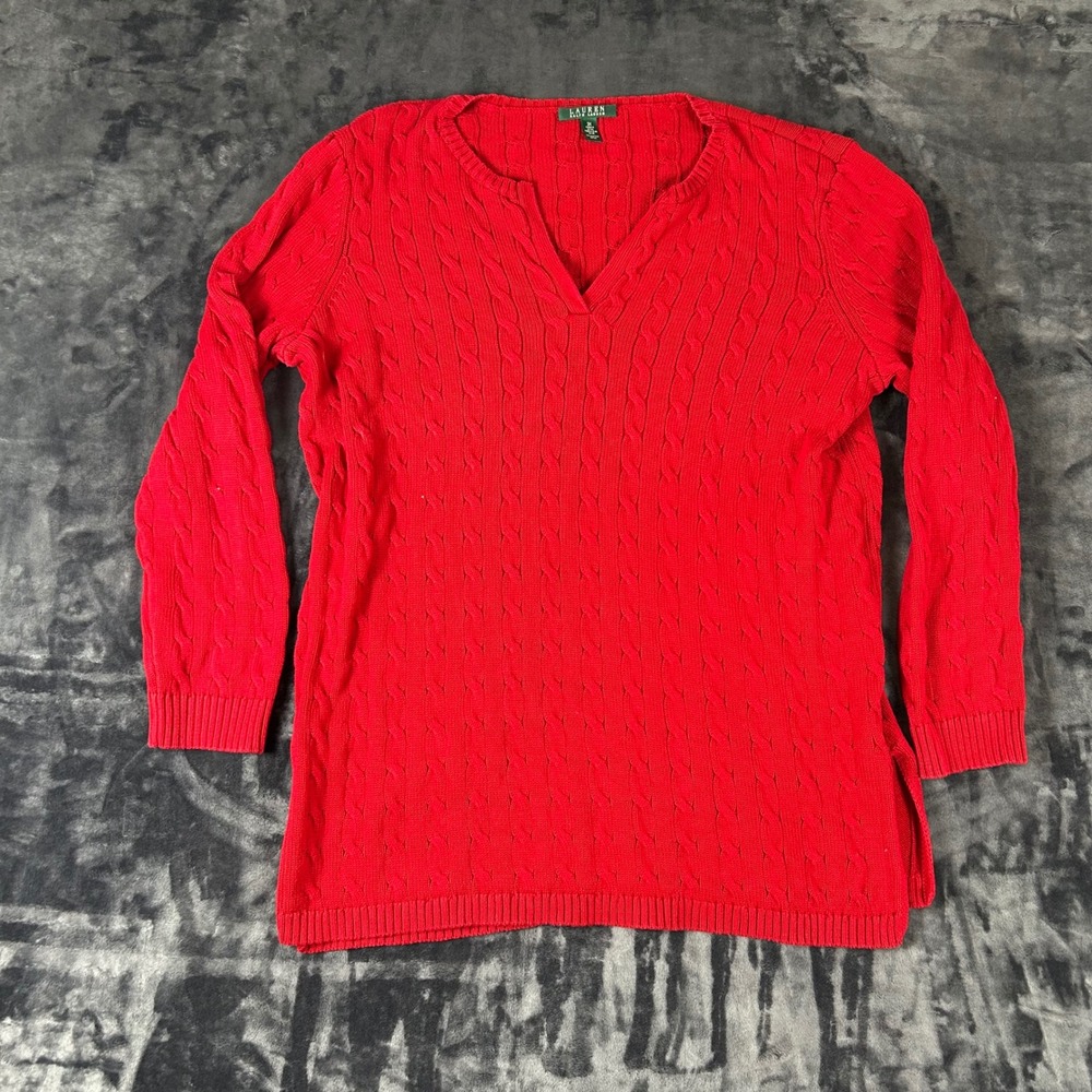 Lauren Ralph Lauren Sweater Womens 2X Red Cable Knit Cotton V-Neck Long Sleeve